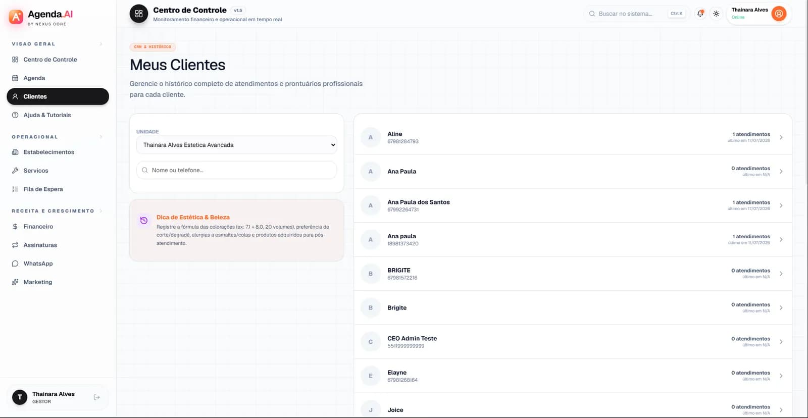 Tela real de clientes do Agenda.AI com histórico de atendimentos
