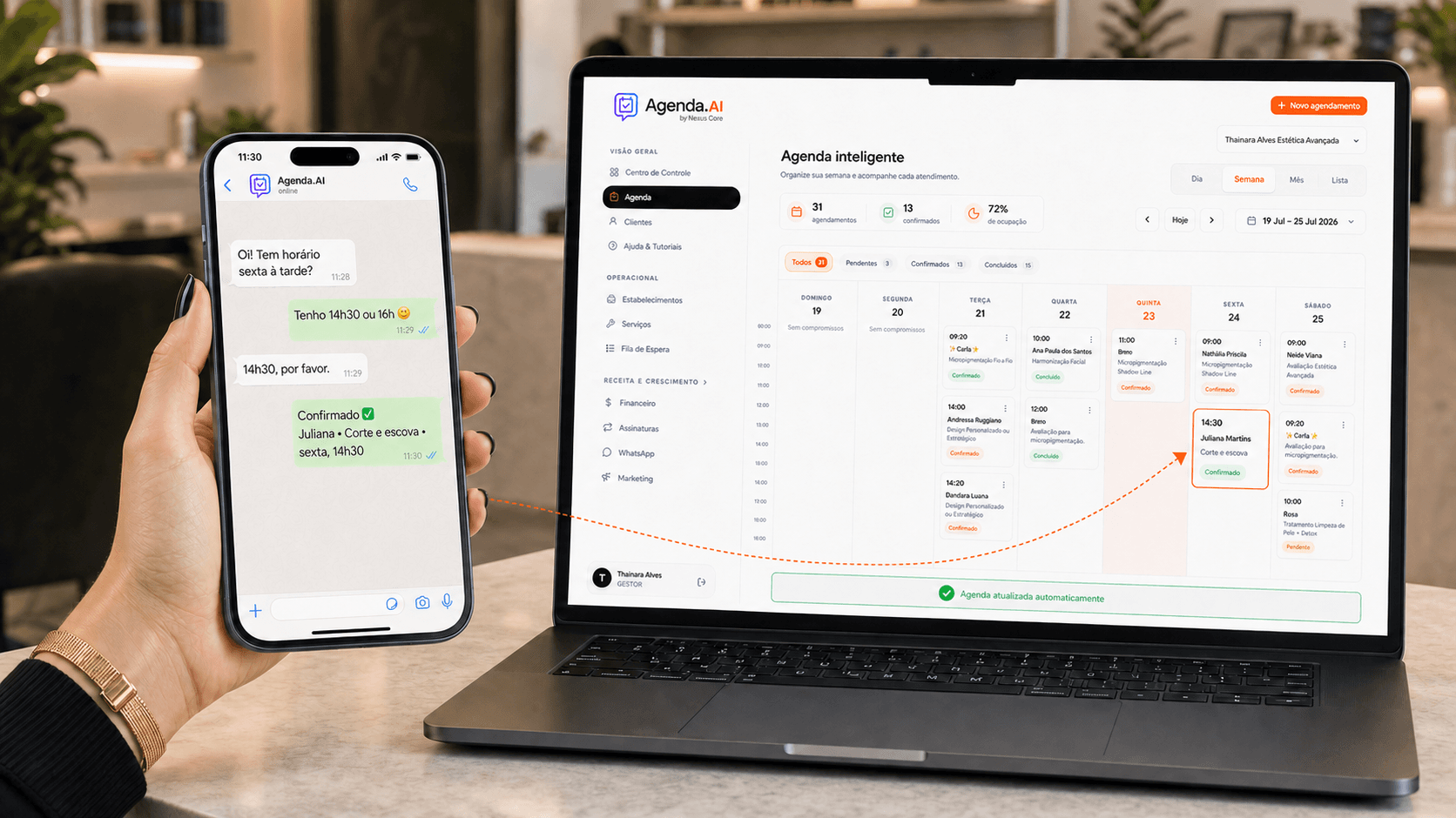 Atendimento pelo WhatsApp sincronizado com a agenda do Agenda.AI no notebook