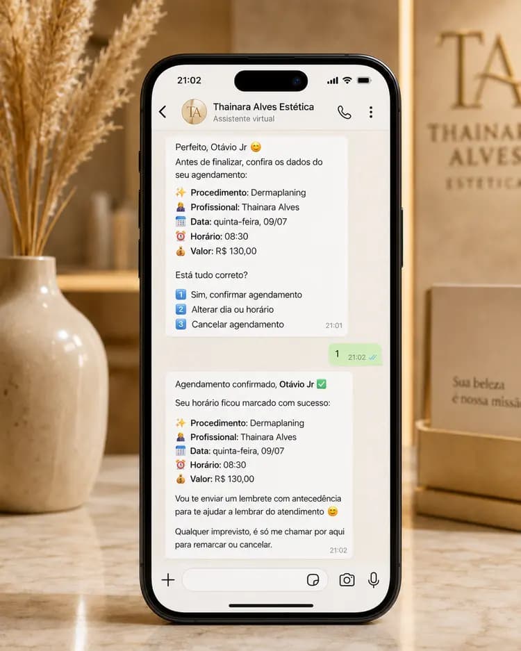 Conversa real no WhatsApp com o Agenda.AI confirmando dados e agendamento